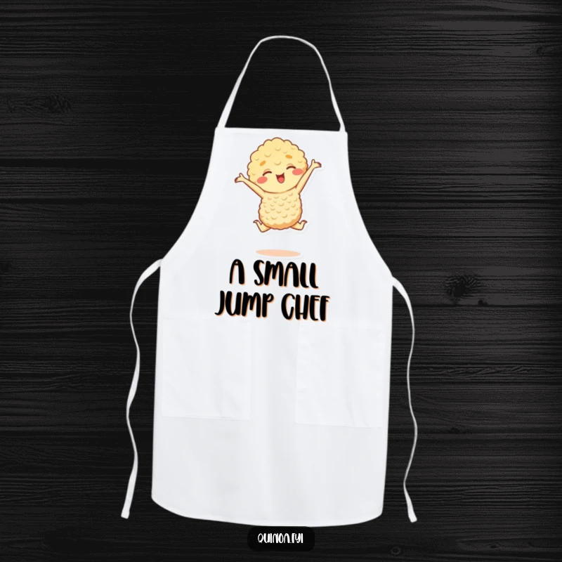 Funny apron with a happy quinoa character performing a tiny, graceful leap, suitable for cooking or baking with a humorous flair, a great funny gift.