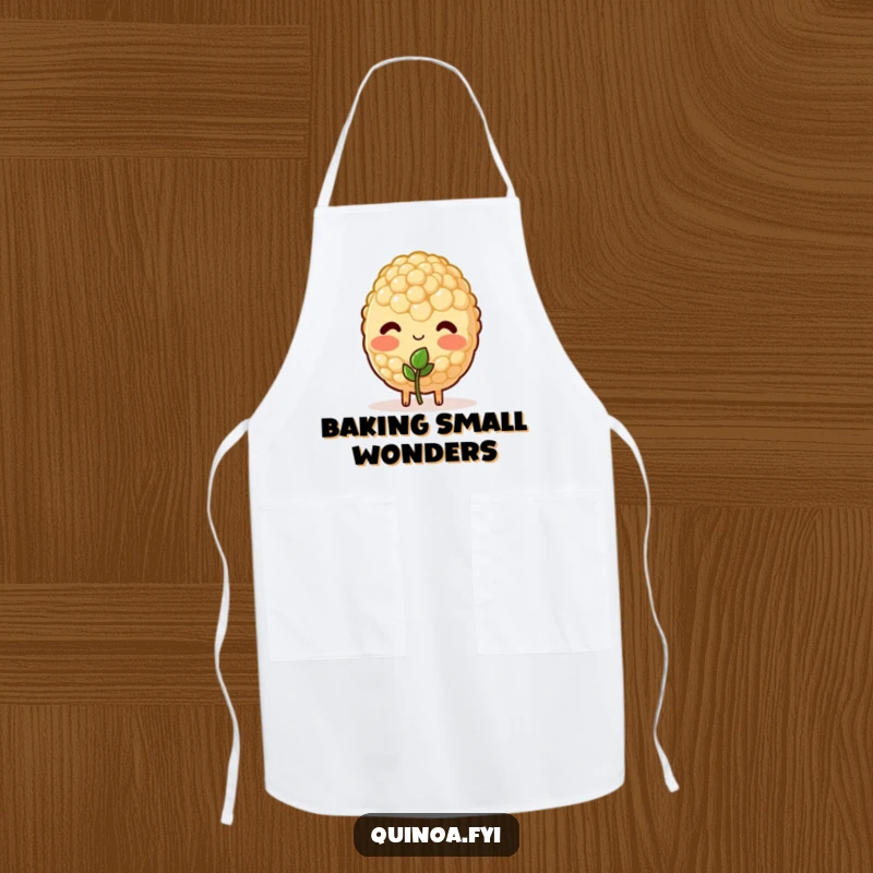 Funny apron with a blushing quinoa character shyly offering a sprout, making cooking a sweet, tender act.