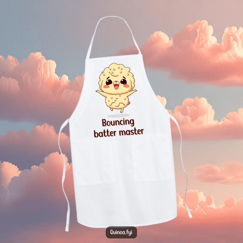 Funny apron with a giggling quinoa character bouncing with excitement, making cooking a joyous, humorous task.