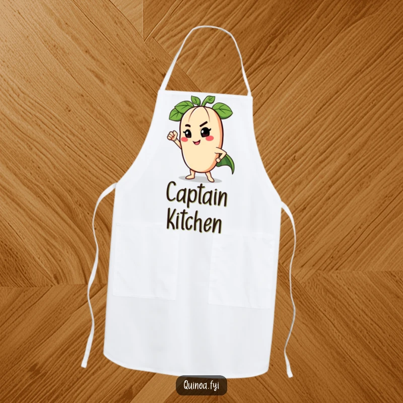 Funny apron featuring a charming anthropomorphic legume winking and striking a superhero pose, ideal for a humorous chef.