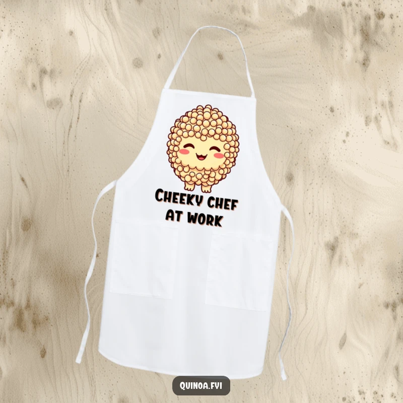 Funny apron adorned with a smiling quinoa cluster character with a cheeky grin, bringing humor to the kitchen.