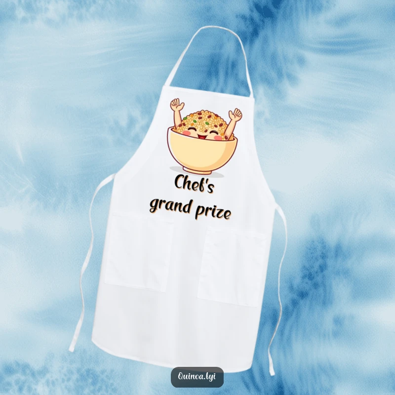 Funny Apron showcasing a smiling quinoa bowl in a celebratory pose, perfect for adding humor and cheer to any cooking session.