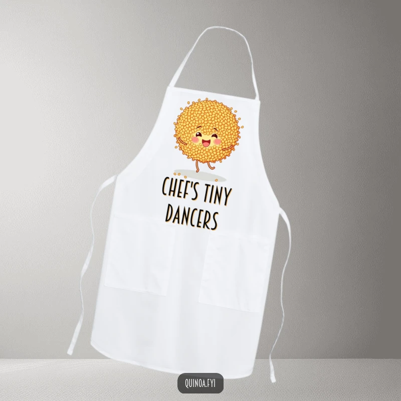 Funny apron with cheerful quinoa grains doing a happy little dance, perfect for kitchen fun and healthy cooking.