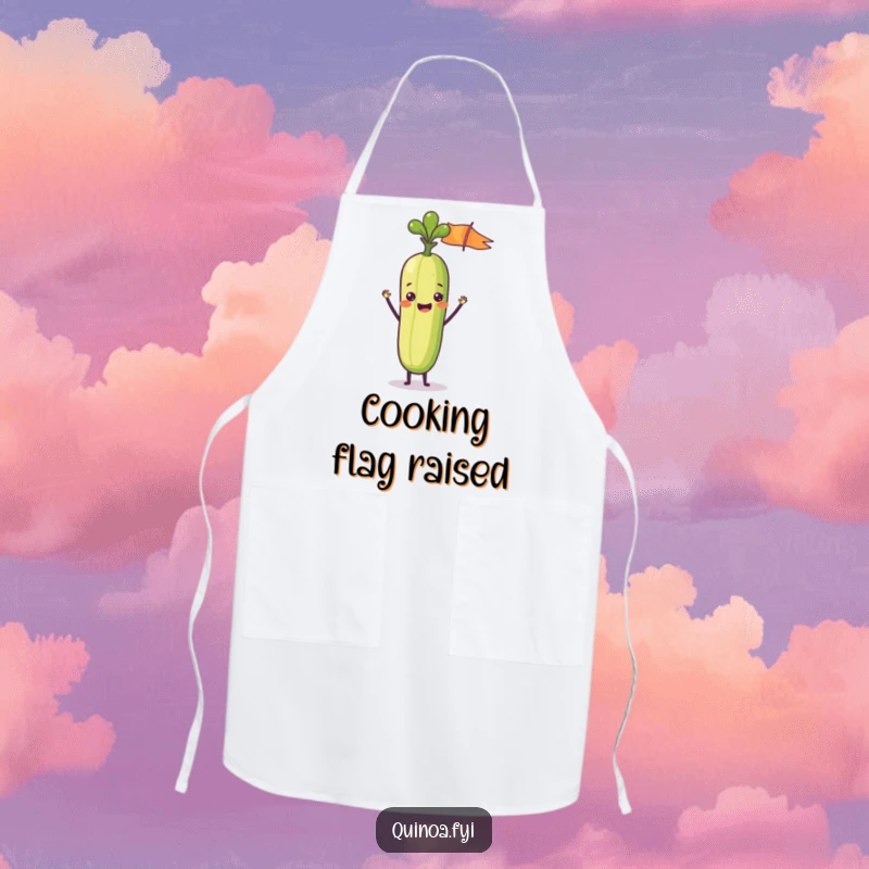 Funny cooking apron featuring a delighted anthropomorphic vegetable stick waving a tiny flag, adding cheerful energy and humor to kitchen tasks.