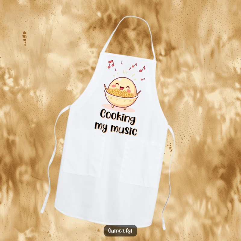 Funny beaming, anthropomorphic quinoa dish with musical notes floating apron, making cooking a musical and joyful experience.