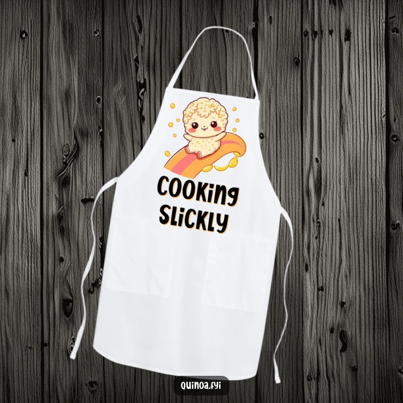 Funny quinoa character wearing an apron, sliding down a rainbow made of oil, a humorous kitchen accessory.