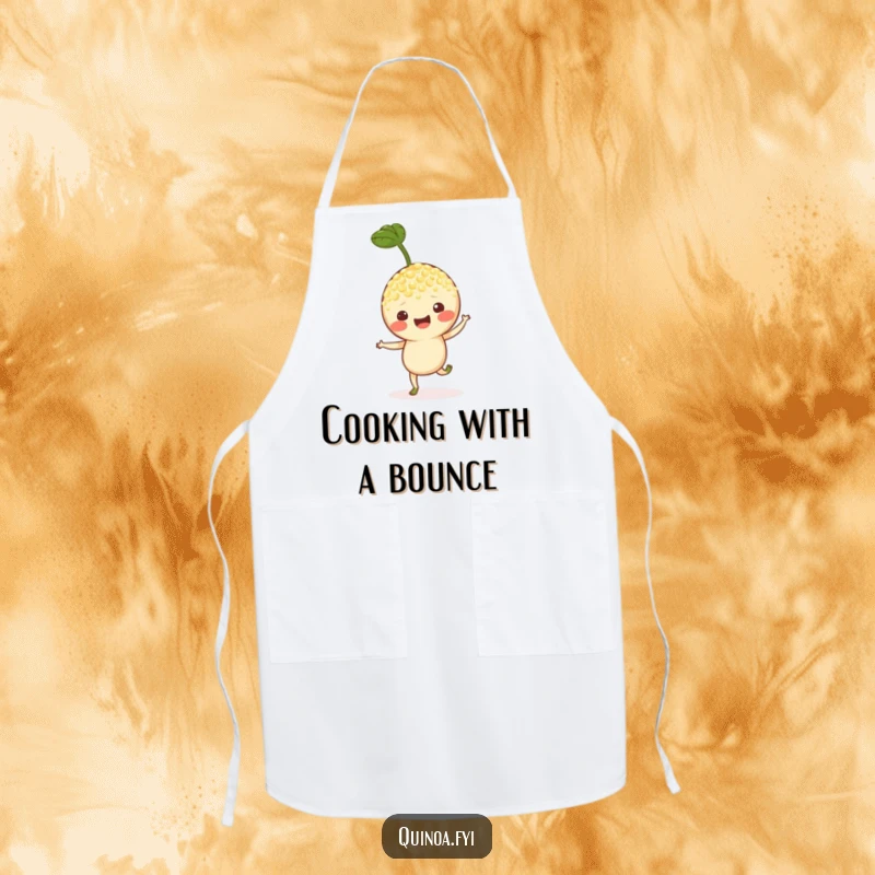 Funny apron showcasing a cheerful quinoa sprout character doing a happy hop, adding fun to kitchen activities.