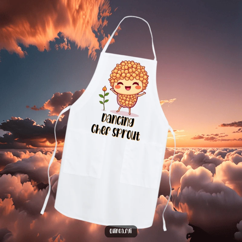 Funny Quinoa Dance Apron: A joyful quinoa character performing a silly dance with a tiny sprout, ready for kitchen fun.