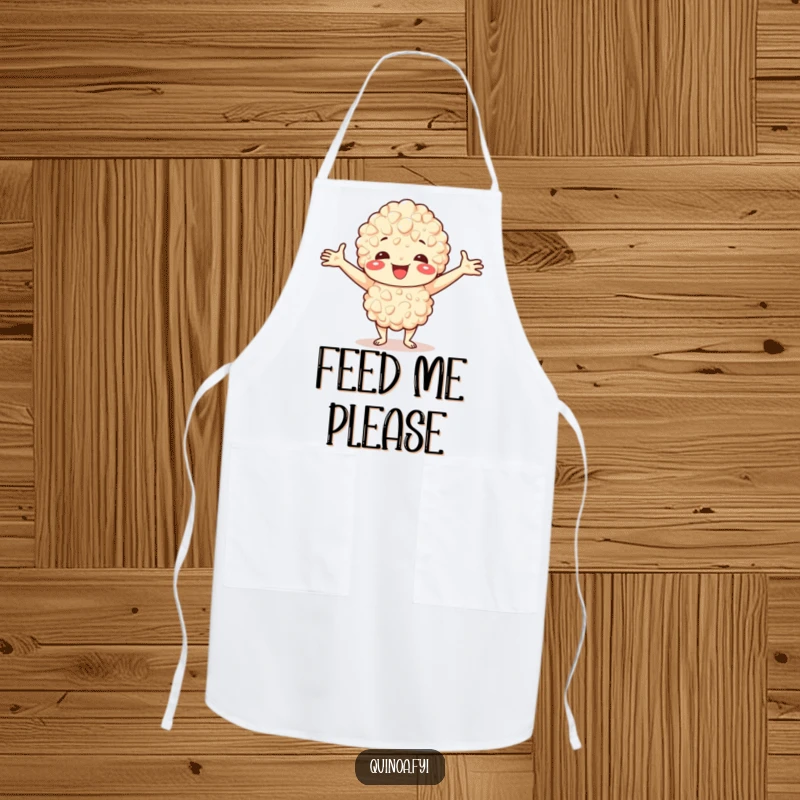 Funny apron with a happy quinoa character welcoming viewers with open arms, making cooking a joyous affair.