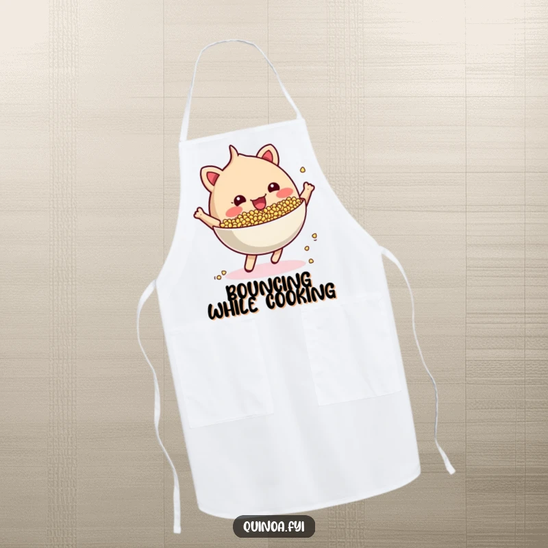 Funny cheerful, anthropomorphic quinoa bowl bouncing energetically apron, perfect for cooking with passion and a playful spirit.
