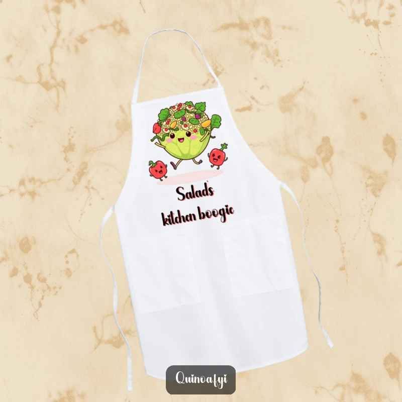 Funny apron shows a quinoa salad dancing with tiny, swaying vegetable characters, a festive kitchen accessory.