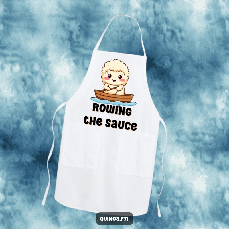 Funny apron with a determined quinoa character rowing a boat, making cooking a confident, humorous pursuit.