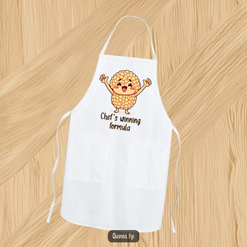 Funny Quinoa Apron: Determined quinoa cluster with arms raised embodies motivation while cooking for a healthy lifestyle.
