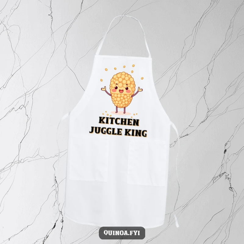 Funny apron with a quinoa cluster juggling tiny grains, humorous kitchen accessory for skilled cooks, a great funny gift.