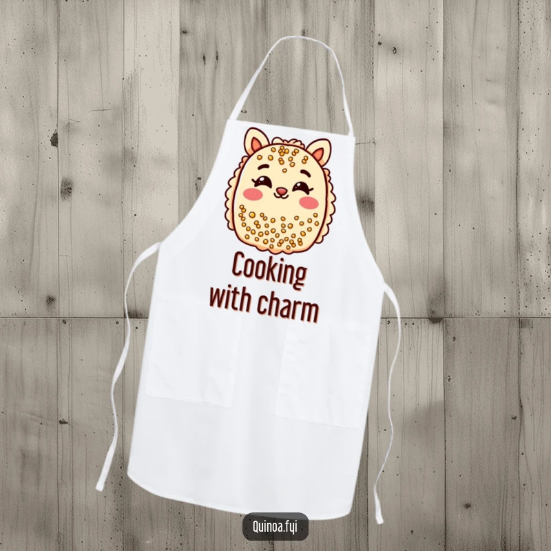 Funny quinoa bar apron: a cheerful bar with smiling eyes playfully winks during kitchen fun.