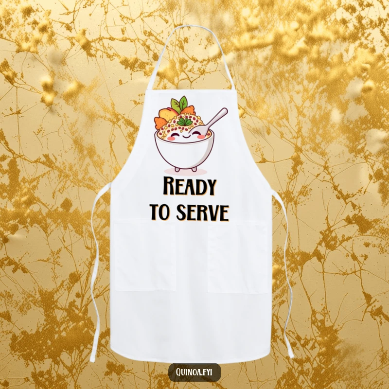 Funny apron with a smiling quinoa bowl character and a playful spoon, perfect for kitchen fun and food lovers.