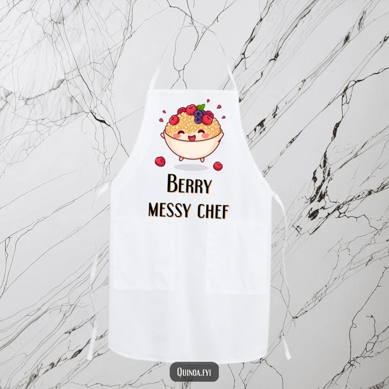 Funny apron showing an anthropomorphic bowl of cooked quinoa with tiny berries energetically bouncing, ideal for a lively cook.