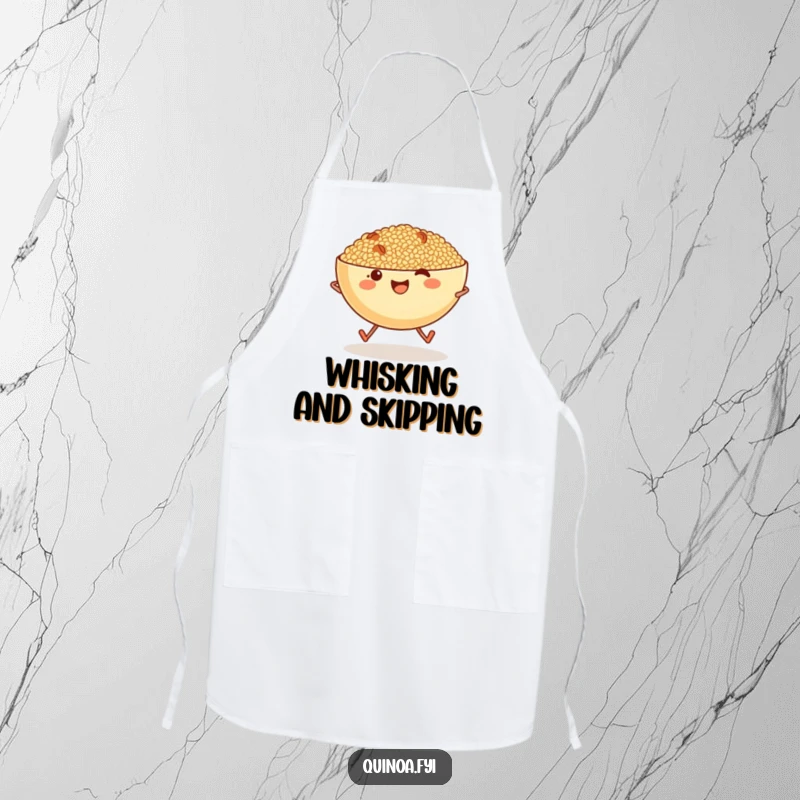 Funny anthropomorphic bowl of quinoa with tiny legs skipping, a playful touch for your kitchen apron.