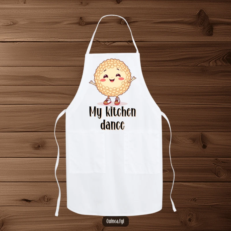 Funny apron with a happy quinoa grain wearing tiny shoes and spinning, humorous kitchen accessory for food lovers, a great funny gift.