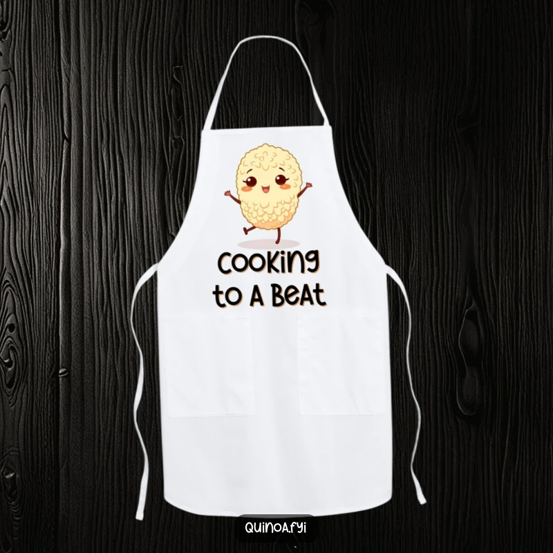 Funny apron showing a joyful quinoa grain with legs doing a little jig, ideal for a fun cook.