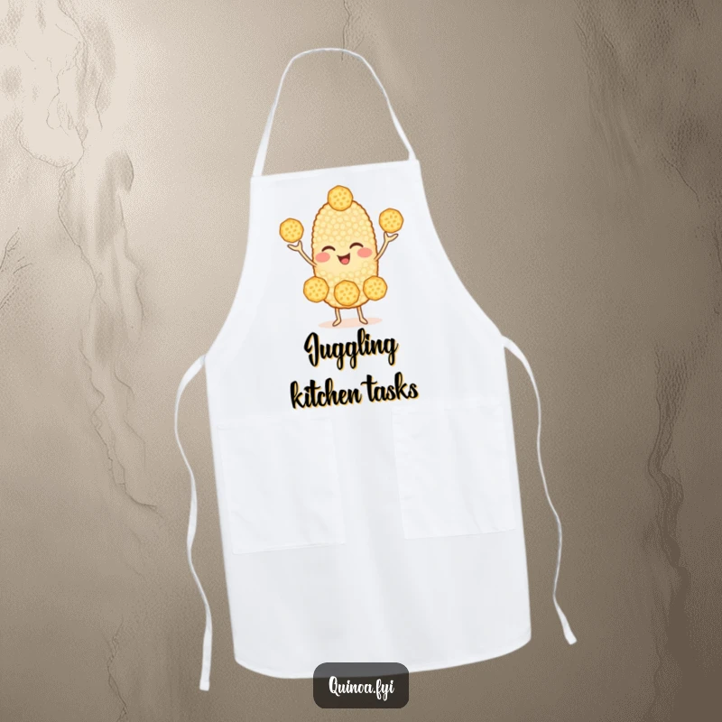 Funny Quinoa Apron: A cheerful quinoa character winking while juggling three smaller grains, perfect for cooking with humorous skill.