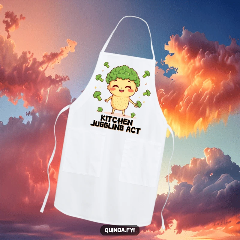 Funny Quinoa Juggling Apron: A curious quinoa character with a grin juggles tiny broccoli florets, perfect for culinary fun.