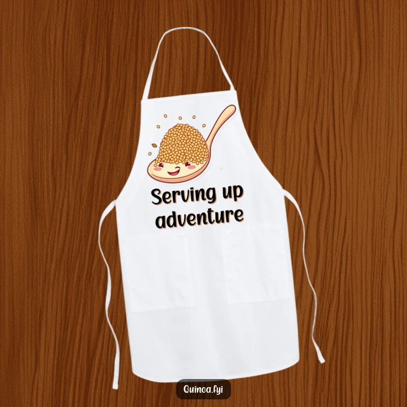 Funny apron depicting quinoa grains happily riding a giant spoon, perfect for adding humor to kitchen activities.