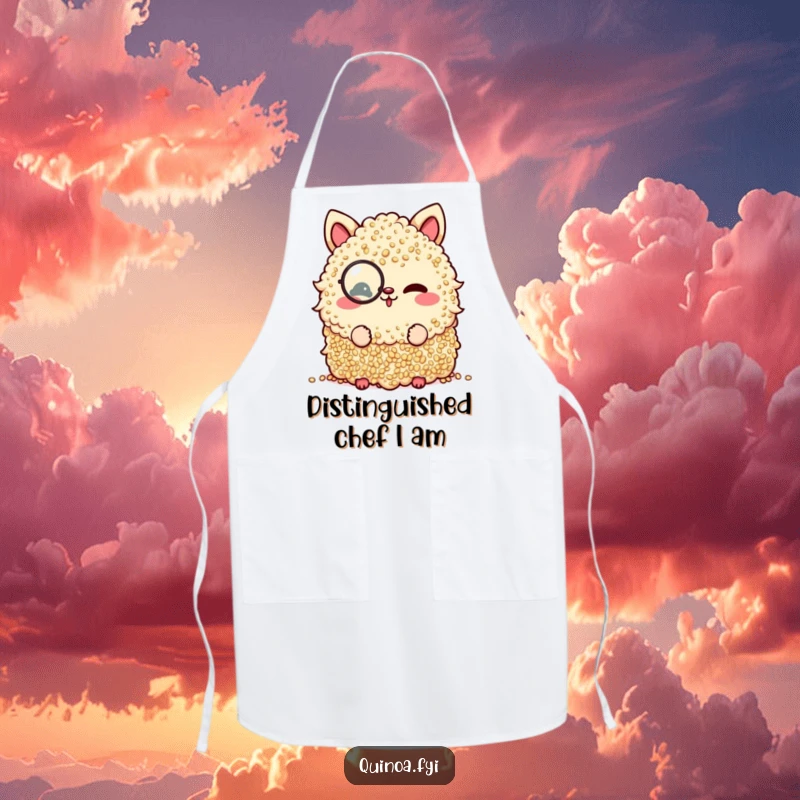 Funny apron featuring a quinoa pile in a monocle, winking playfully while ready to cook.