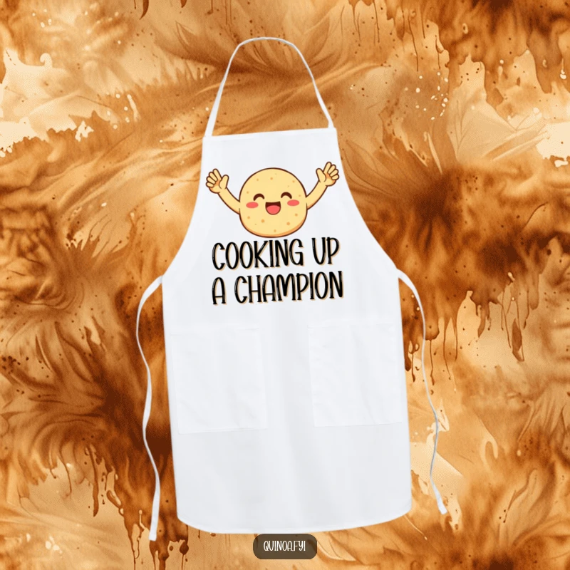 Funny apron adorned with an enthusiastic quinoa patty character celebrating, ideal for kitchen fun and protecting outfits.