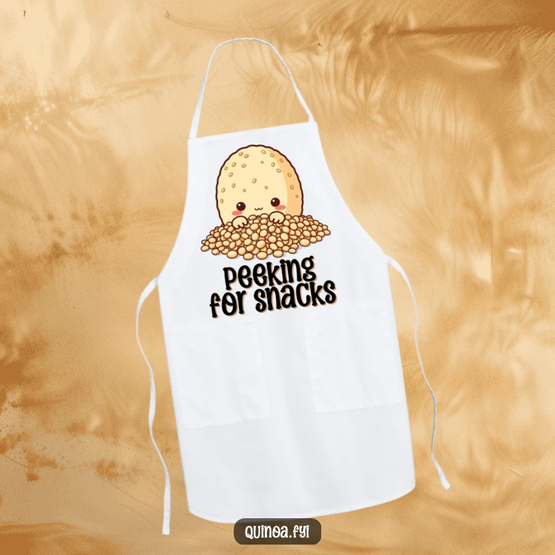 Funny apron showcasing a curious quinoa grain character peeking from its grains, adding a humorous and intriguing touch to kitchen wear.