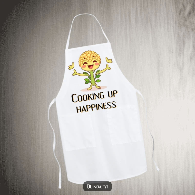 Funny Quinoa Plant Apron featuring a happy character with outstretched arms, ready to protect from spills and add kitchen cheer.