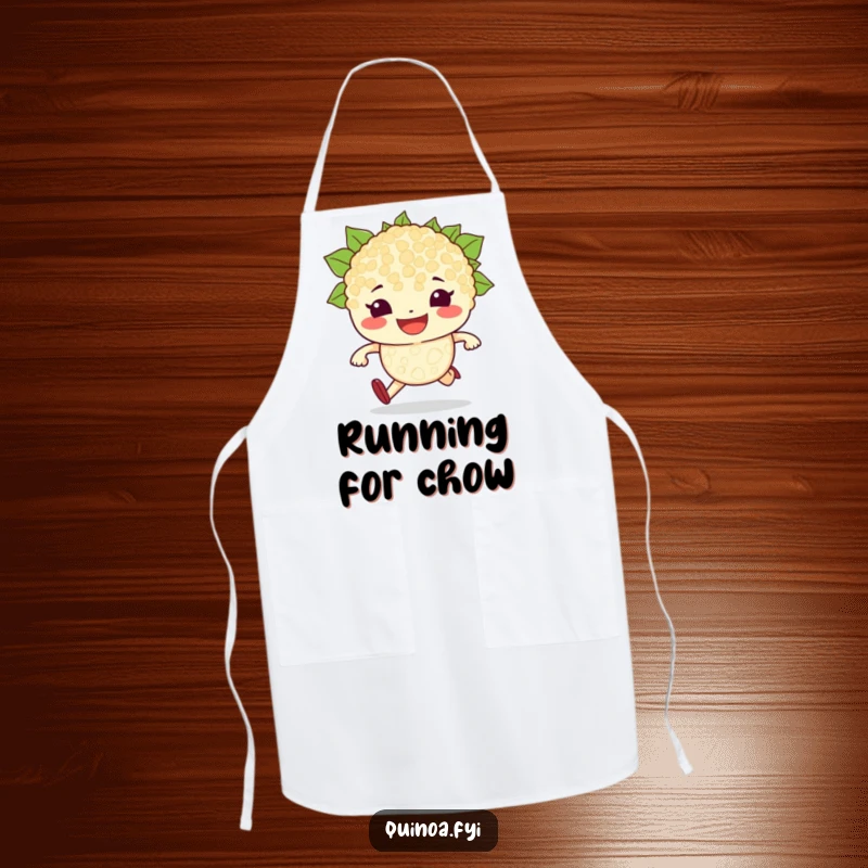 Funny apron featuring a determined, beaming quinoa grain character with a grin, ready to run, perfect for adding a humorous touch to cooking.