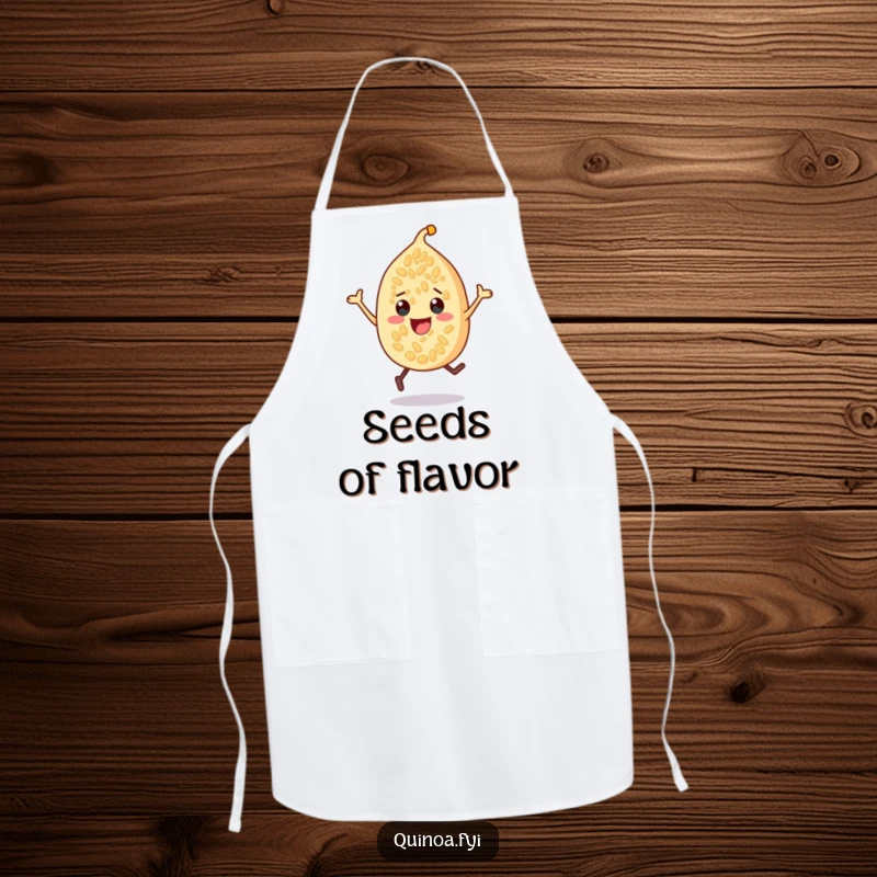 Funny quinoa seed character apron, shown energetically bouncing while ready for kitchen tasks, bringing humor to cooking.