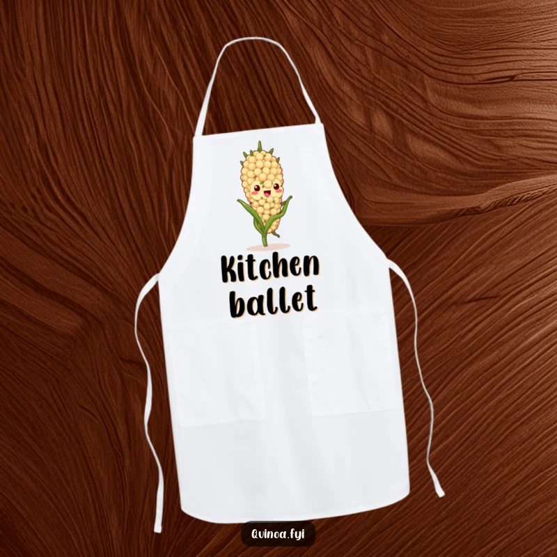 Funny quinoa stalk character apron, depicted gently swaying, bringing a peaceful and humorous touch to kitchen tasks.