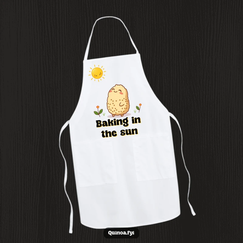 Funny apron with a contented quinoa character looking up at a smiling sun graphic, perfect for kitchen fun and cheerful cooking.