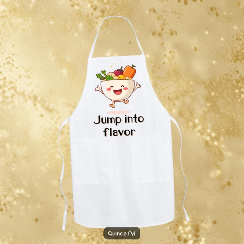 Funny apron depicting a happy quinoa bowl and vegetables mid-leap, bringing energy to the kitchen.