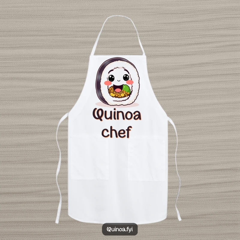 Funny Sushi Quinoa Roll Apron featuring a happy character with quinoa filling and a big smile, a humorous gift for chefs.
