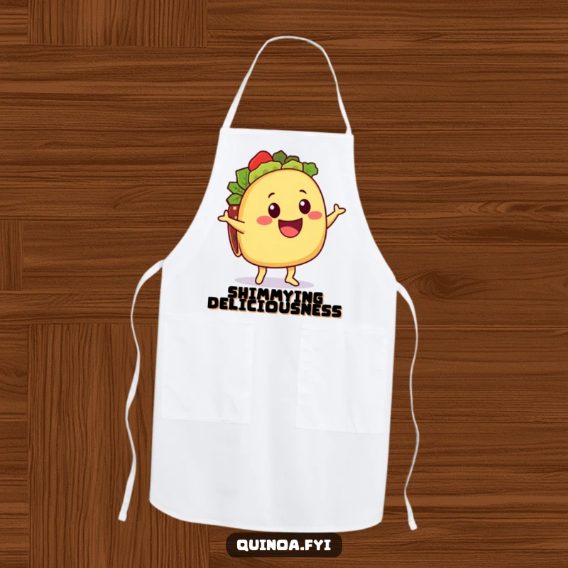 Funny Taco Apron: A delighted taco character with a quinoa filling doing a happy shimmy, perfect for cooking with festive humor.