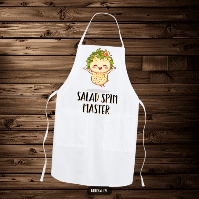 Funny anthropomorphic quinoa salad winking and twirling, a joyful addition to your kitchen apron.