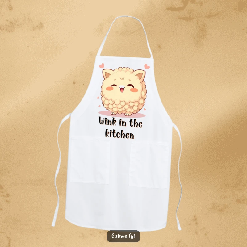 Funny Apron showcasing a wobbly quinoa cluster winking playfully, adding humor and charm to any cooking session.