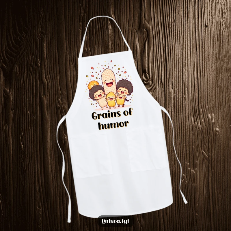 Funny apron depicting a joyful explosion of quinoa characters erupting with laughter, ideal for cooking with a dose of humor.