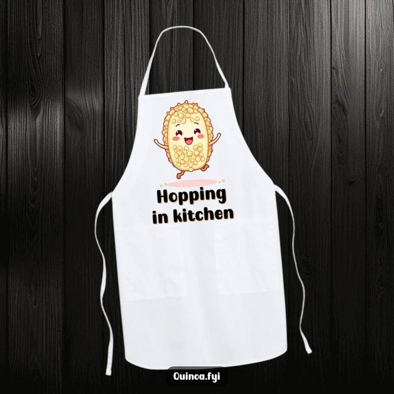 Funny apron featuring a cheerful, hopping quinoa grain character, perfect for adding a playful and humorous touch to your cooking ensemble.