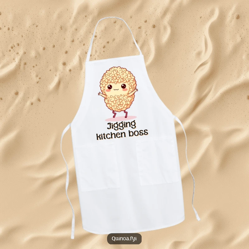 Funny apron depicting a quinoa cluster with legs doing a lively jig, bringing rhythm to the kitchen.