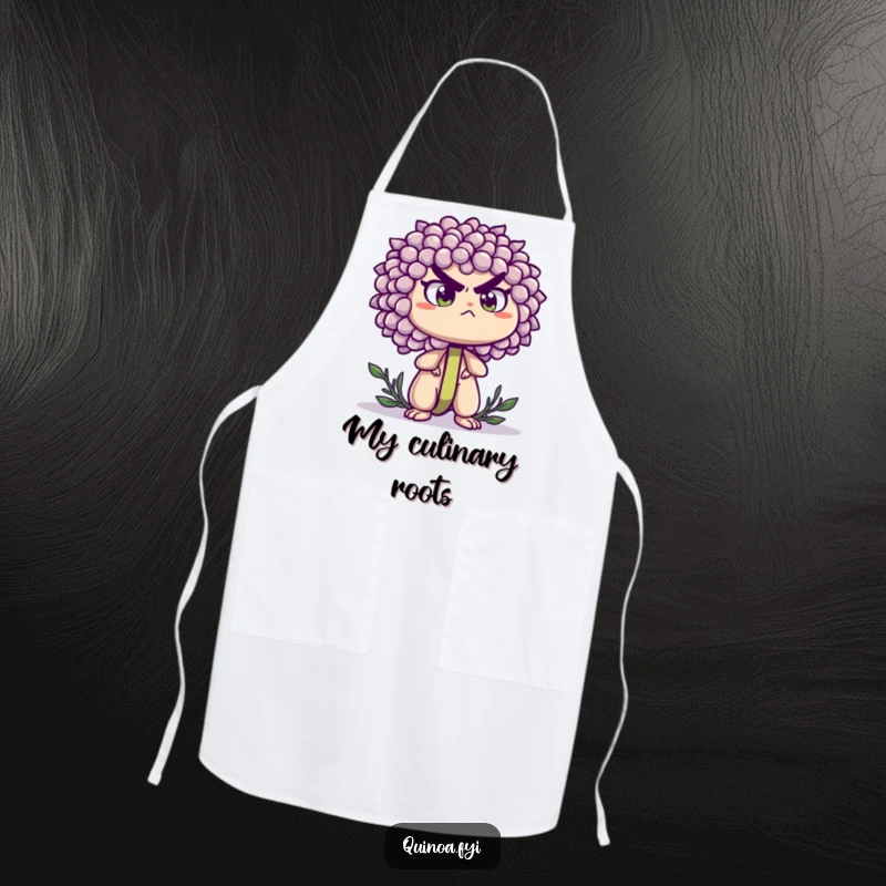 Funny apron with a determined quinoa sprout standing tall with a strong expression, ideal for a resilient and motivated cook.