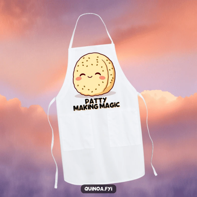 Funny quinoa patty character apron, depicted smiling serenely, bringing a peaceful and humorous touch to kitchen tasks.