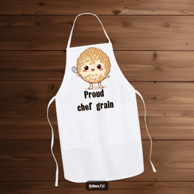 Funny apron depicting a plump quinoa grain character puffing with pride, holding a tiny spoon, ideal for chefs.