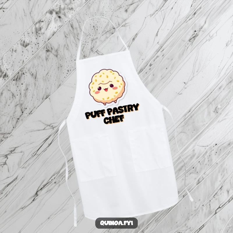Funny quinoa puff character apron, depicted floating with a mischievous grin, bringing humor to kitchen tasks.