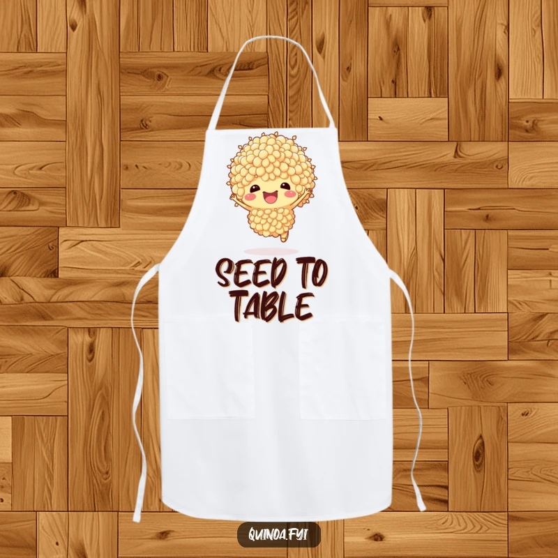 Funny Quinoa Apron: An anthropomorphic quinoa cluster does a happy hop while wearing a chef apron, ideal for kitchen fun.