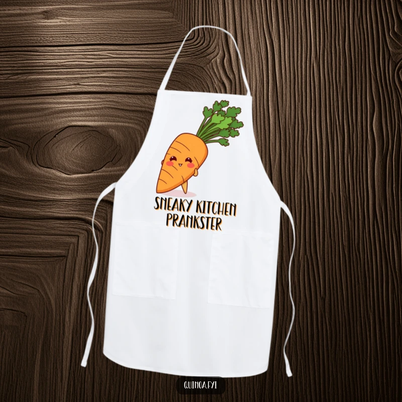 Funny apron depicting a giggling quinoa grain peeking playfully from behind a giant carrot.