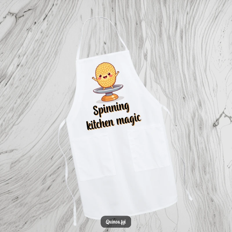 Funny Quinoa Apron: A happy quinoa grain character balancing on a spinning plate, bringing humor and style to the kitchen.